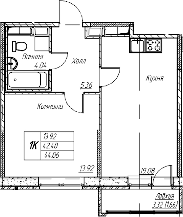 1-комнатная квартира 44.06 м², 9/22 эт., ЖК «Парк-квартал Юнтолово»